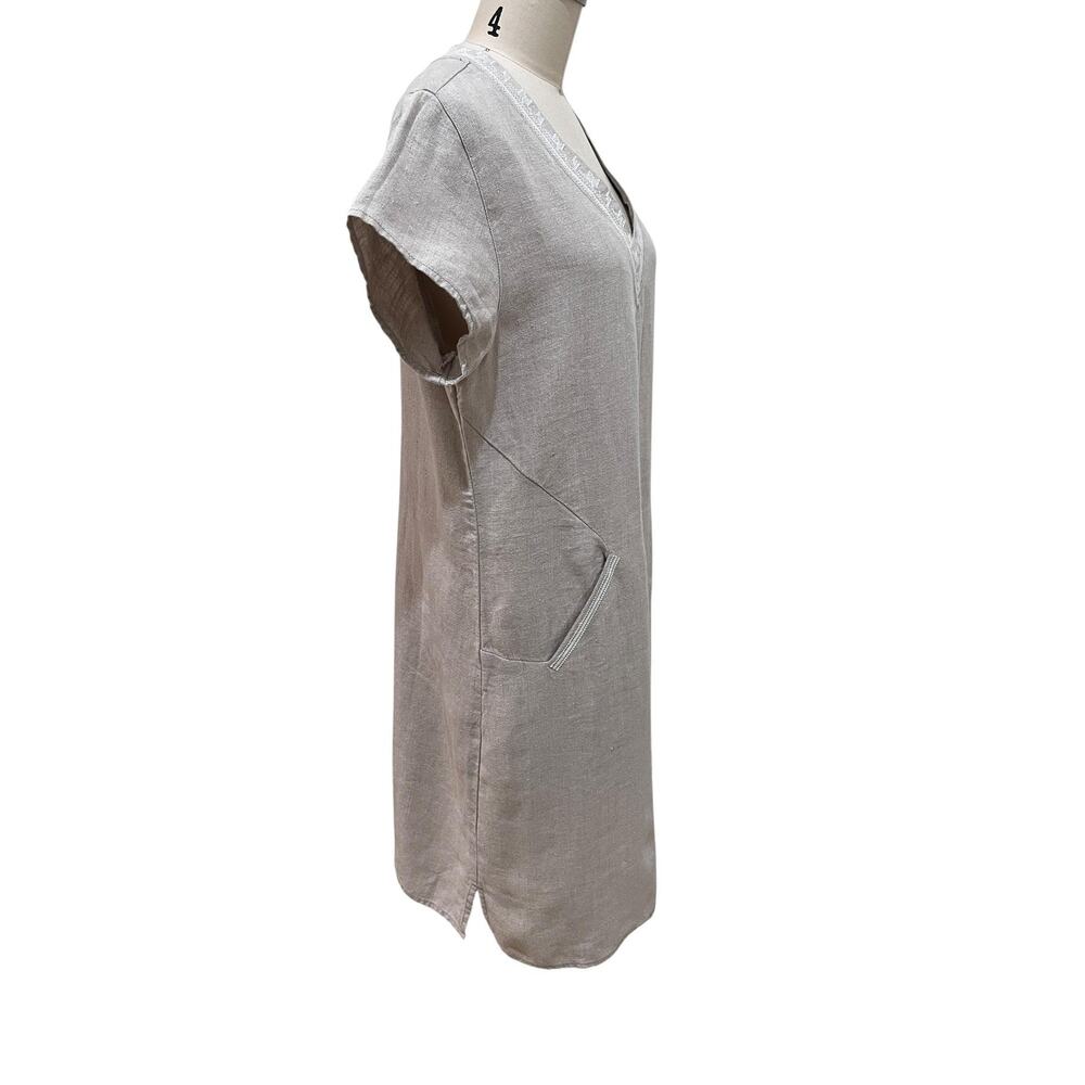 Garnet Hill Dress Womens 10 Beige Linen Embroidered V Neck Shift Pockets Casual - Picture 3 of 9